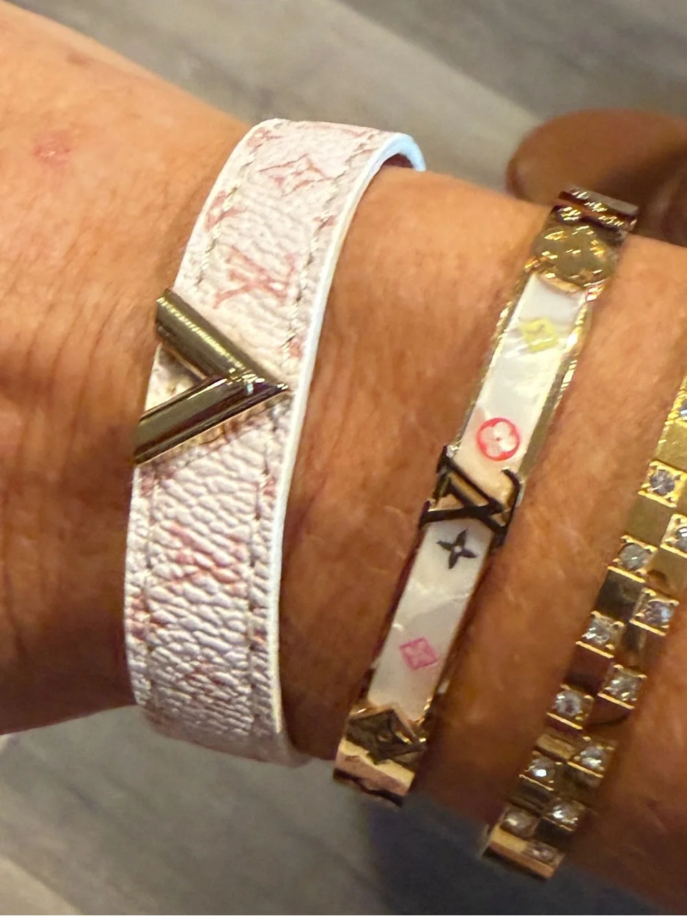 Pink and White Monogram Leather Wrap and Enamel Bangle Set